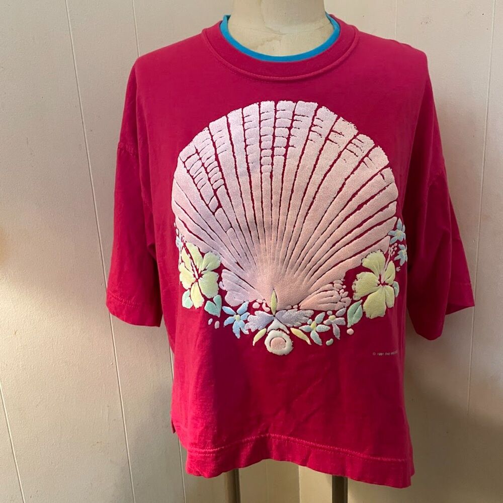 Vintage 90s PUFF PRINT Sea Shell Hibiscus The Wildside Russell  Crop Tee XL